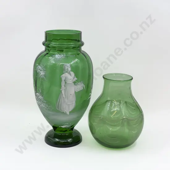 Mary Gregory Green Glass Vase and Other