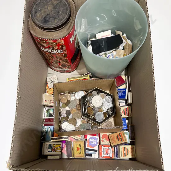 Box Quantity of Assorted Loose Coinage & Matchboxes & Loose Stamps