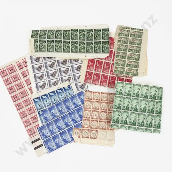 NZ Full Sheet 1950 Sovereigns Provisional with Blocks and Various Health and 5c Francis Hodgkin Part Sheet