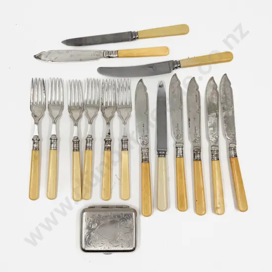 Boxed Assortment of S/Plate 'Bone' Handled Cutlery & Cigarette Case