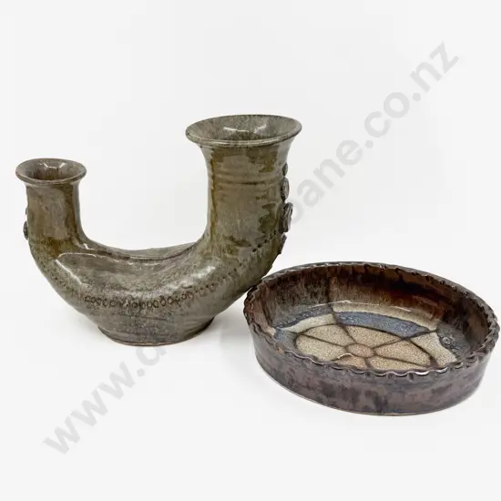 NZ Pottery Double-Necked Vase & Yvonne Pridmore Oven Dish