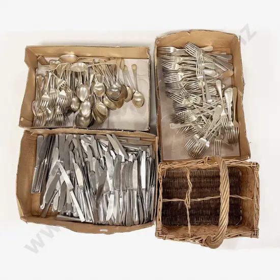 Large Quantity of Cutlery & Woven Wine Basket