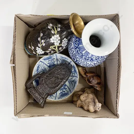 Box Quantity of Assorted Chinese Pottery & Carved Objects