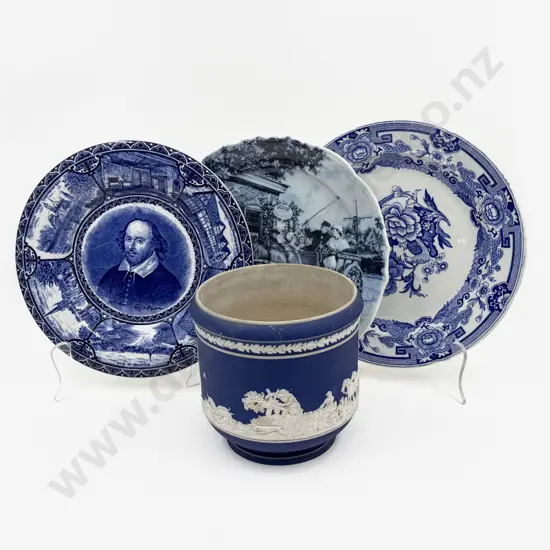 Masons Ironstone Blue & White Plate & Tunstal Jasperware Footed Cylindrical Vase & Two English Blue & White Plates