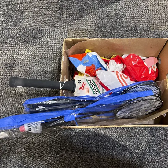 Box of Badminton Rackets Children's Cricket Bat & Beach Toys