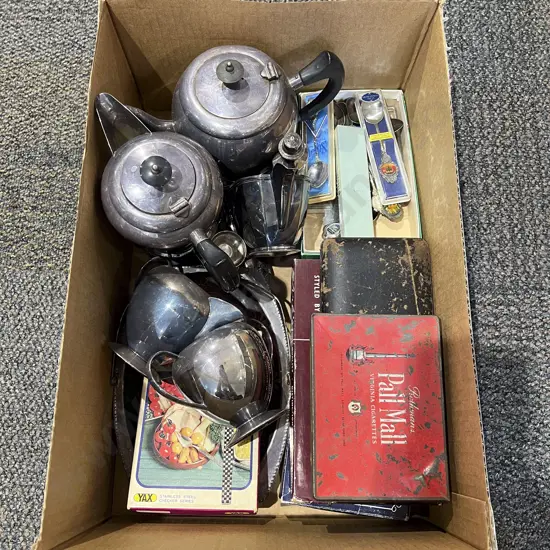 Boxed Quantity of Assorted Silver Plate & Souvenir Spoons etc