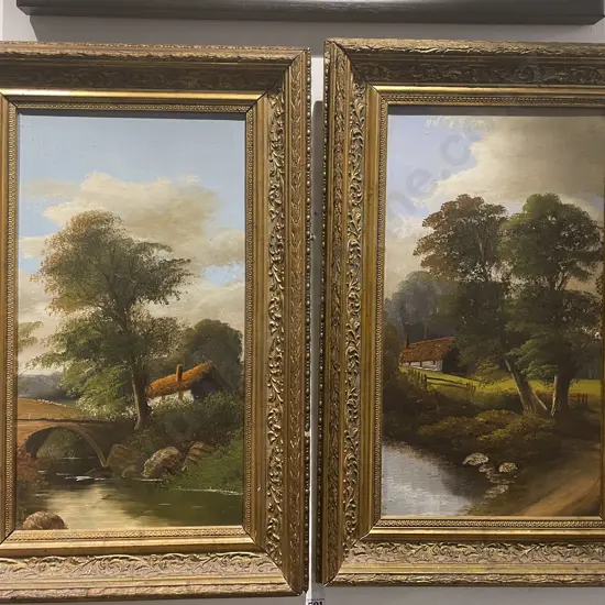 Pair of Gilt Framed English Oil on board Rural Scenes