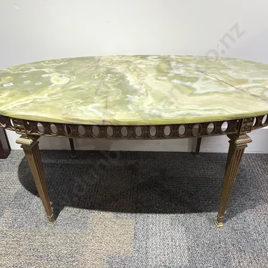 French Style Oval Onyx Top Brass Coffee Table