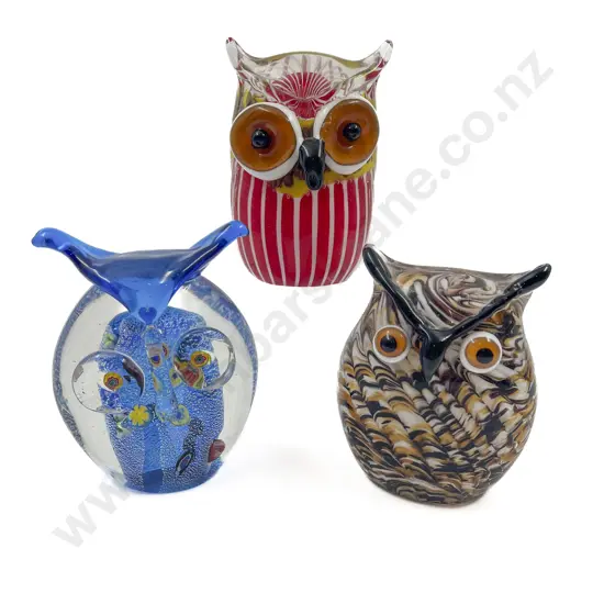 Three Art Glass Owls