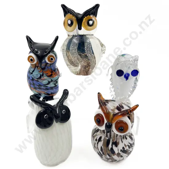 Five Assorted Art Glass Owls