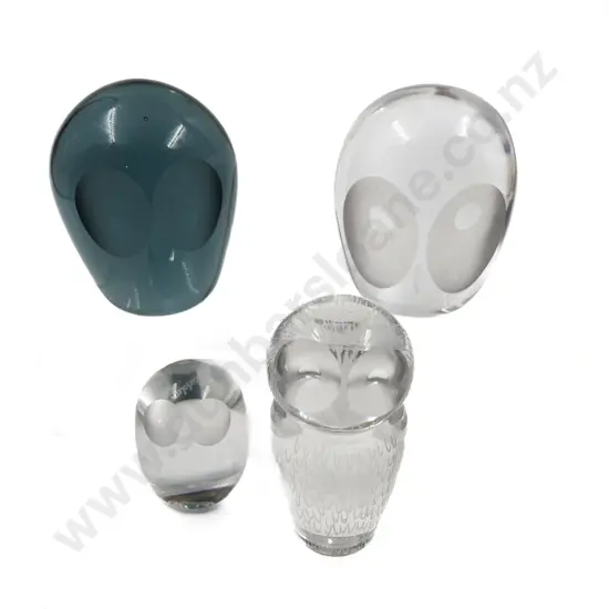 Four Art Glass Owls Including Kosta Boda