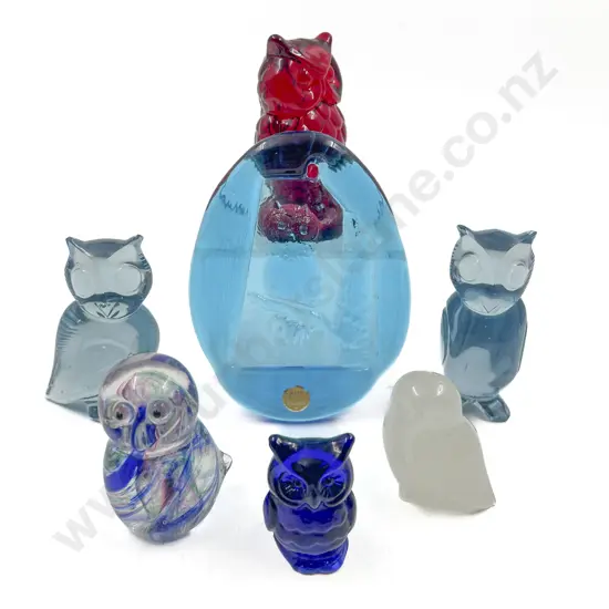 Six Art Glass Owls Together with Plaque