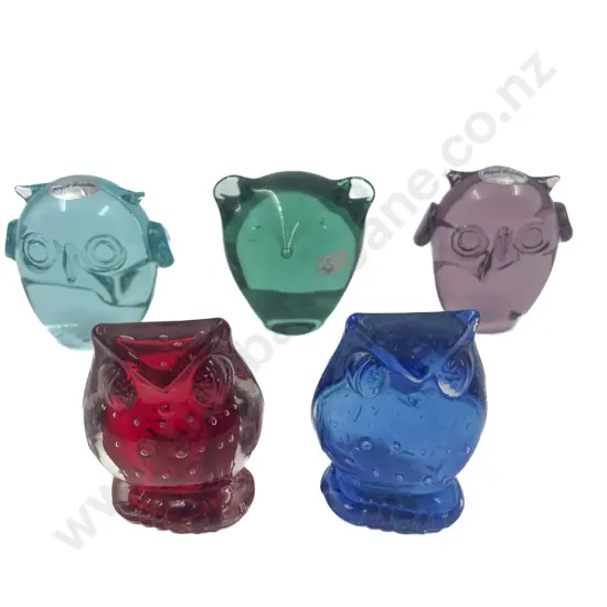 Five Art Glass Owl Ornaments