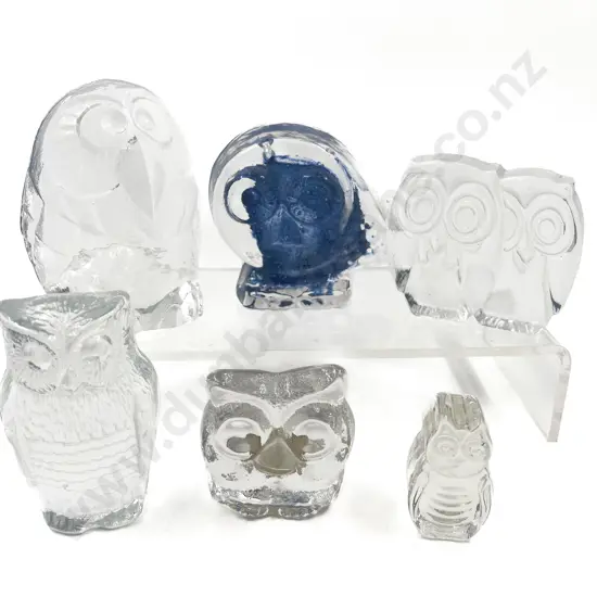 Six Assorted Art Glass Owl Ornaments