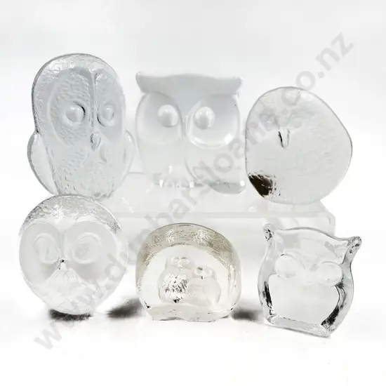 Six Assorted Art Glass Owl Ornaments