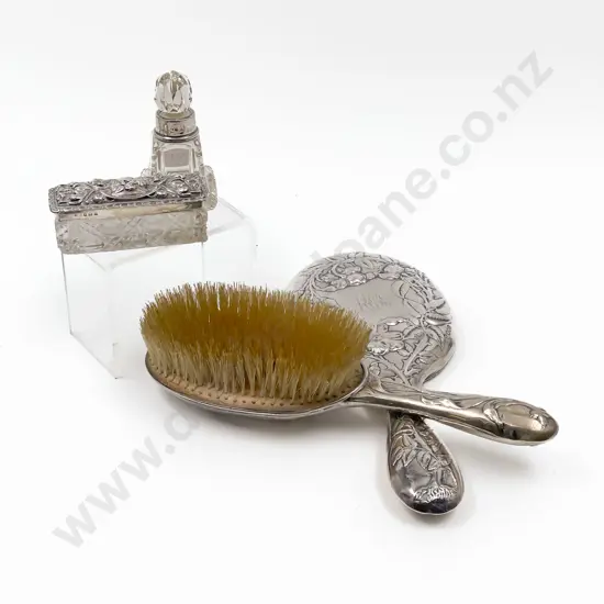 S/S Vanity Mirror and Brush Together With S/S Rimmed Scent Bottle and S/S Topped Vanity Jar