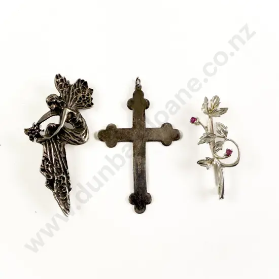 .925 Silver Fairy Brooch with Flower Brooch and Cross