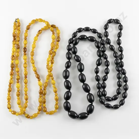 Edwardian Single Strand Graduated Vulcanite Bead Necklace and Amber Necklace