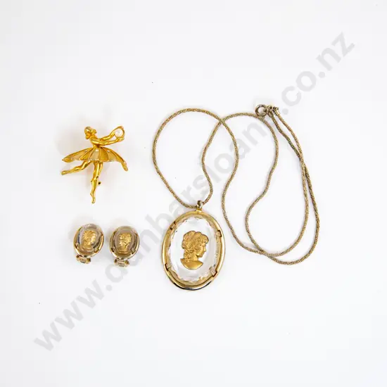 Founded 1953 Joseph Warner Costume Cameo Pendant and Matching Earrings with Brooch