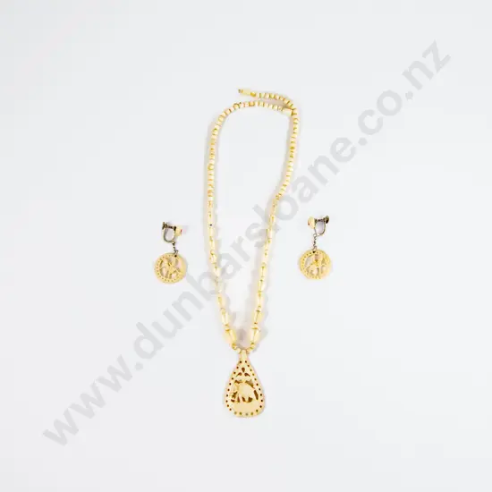 Carved Bone Necklace with Pair of Earrings