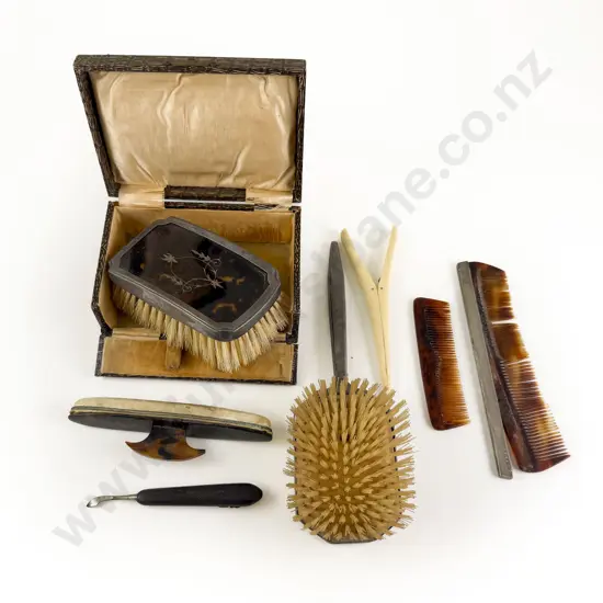 Cased Tortoise Shell & S/S Brush with other brush and combs glove stretchers