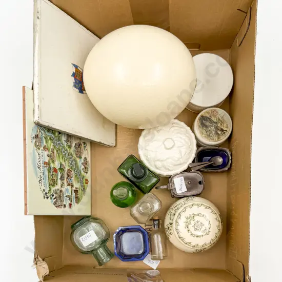 Box Qty of Assorted Vintage Including Ostrich Egg with Ointment Jar and Assorted Glassware