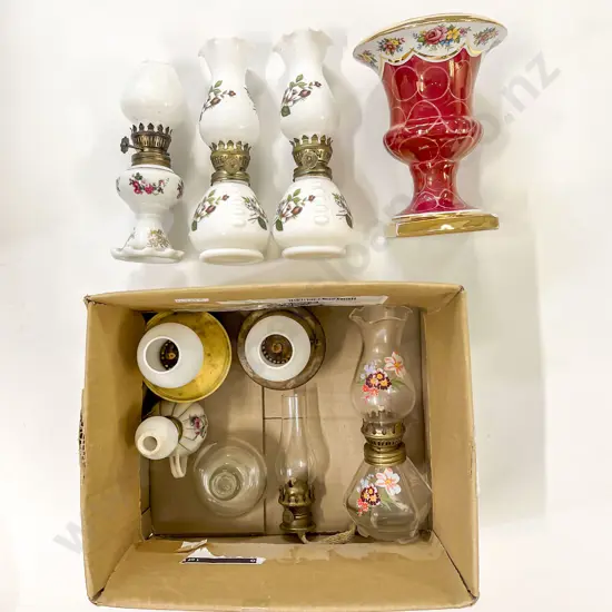 Qty of Assorted Small Kerosene Lamps Together With Vase