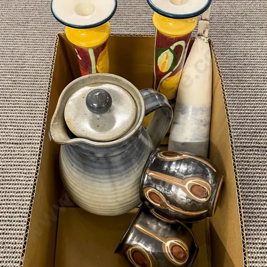 Pair of P.White NZCandle Sticks and Assorted Pottery