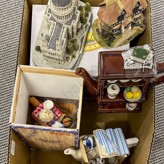 Three Assorted Novelty Tea Pots and Two Architectural Models