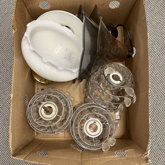 Box qty of Assorted Vintage Light Shades Including Glass Droplets Etc