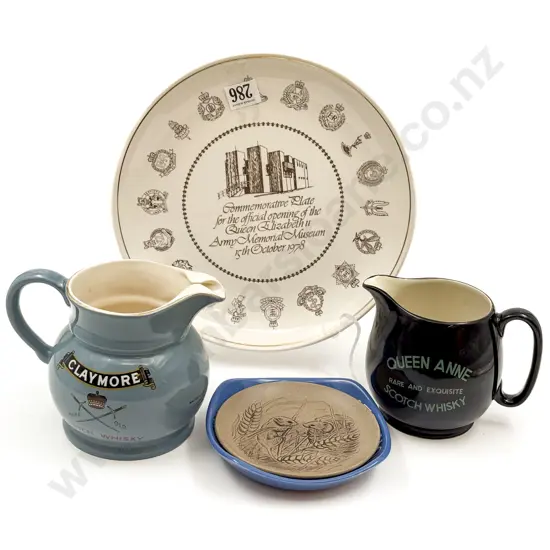 Crown Lynn Army Comm. Plate Together With Whiskey Advertising Jugs Etc