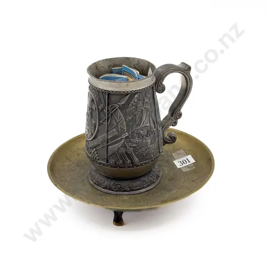 Pewter Tankard Together with Footer Brass Shallow Dish