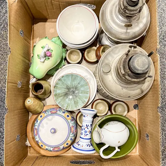 Qty of Assorted China and Stoneware Together with Two Kerosene Lamp Bases