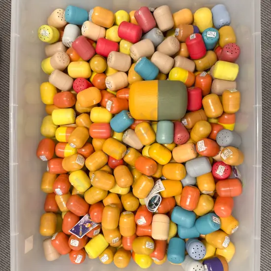 Plastic Storage Bin of Unopened Kinder Surprise Kits