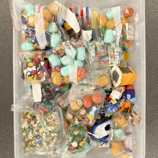 Plastic Storage Bin of Constructed Kinder Surprise Toys