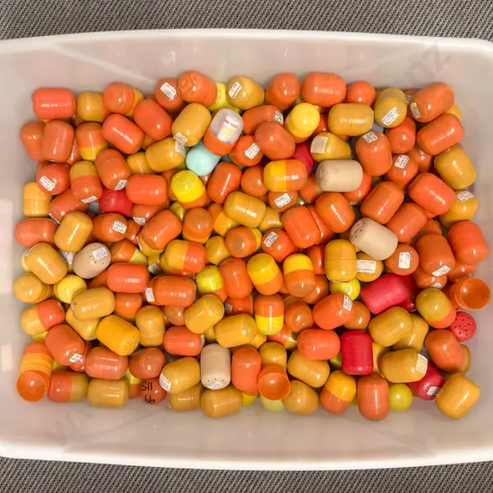 Plastic Storage Bin of Unopened Kinder Surprise Kits