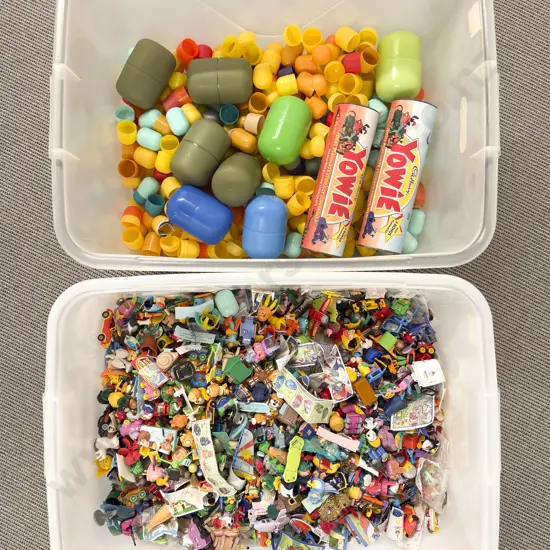 Plastic Storage Bin of Constructed Kinder Surprise Toys