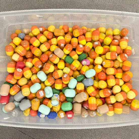 Plastic Storage Bin of Unopened Kinder Surprise Kits