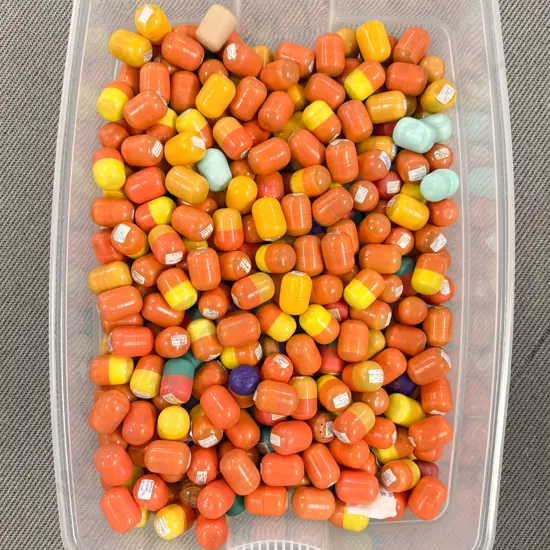Plastic Storage Bin of Unopened Kinder Surprise Kits