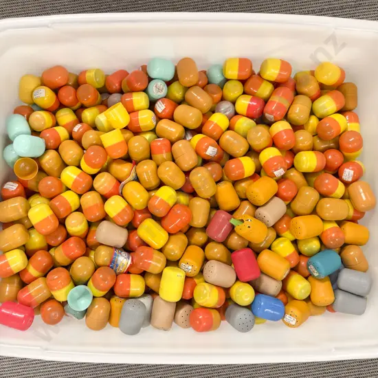 Plastic Storage Bin of Unopened Kinder Surprise Kits