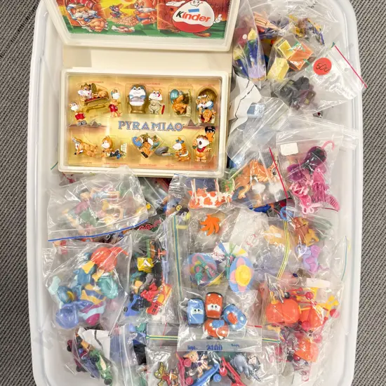Plastic Storage Bin of Completed Kinder Surprise Toys