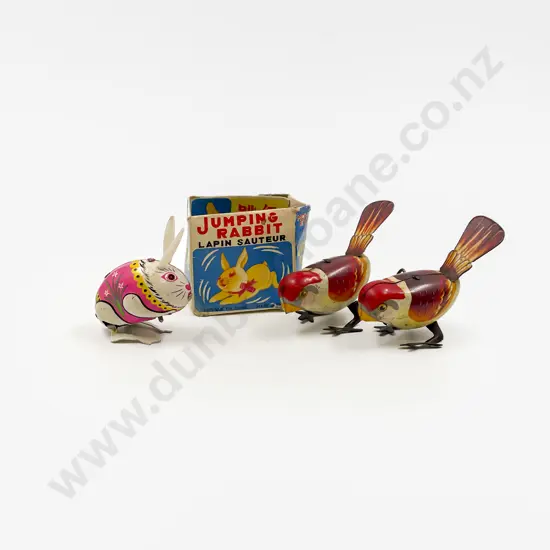 Boxed Tinplate Clockwork Jumping Rabbit and two Hopping Birds