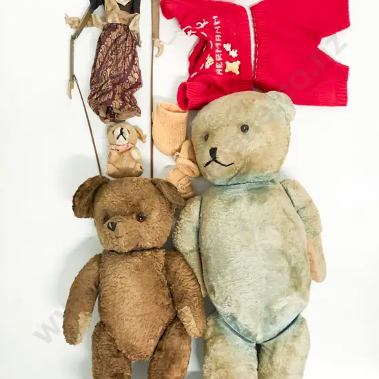 Two Large Vintage Blue and Brown Teddy Bears with other and Thai Puppet