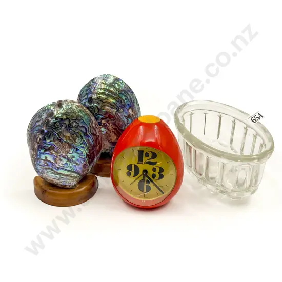 Small Qty of Assorted Including Alarm Clock with Pair of Paua Bookends and Glass Jelly Mold