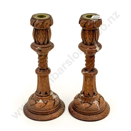 Pair of Ornately Carved Edwardian Oak Candlesticks