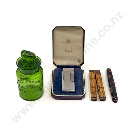 Vintage Cased Dunhill Lighter With The Crown Green Glass Perfume Bottle etc