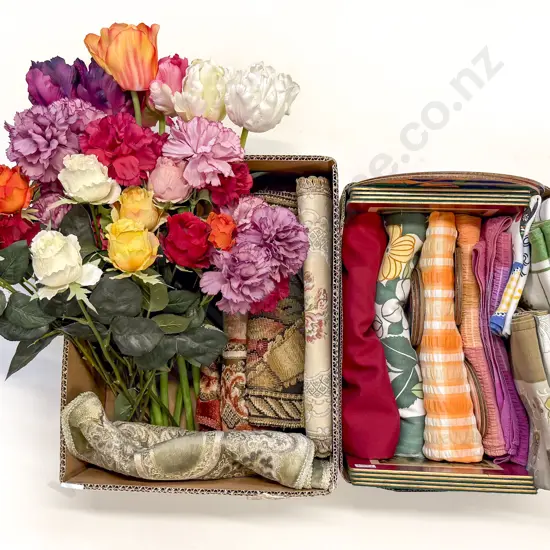 Two Boxes of Assorted Table Linen and Faux Flowers