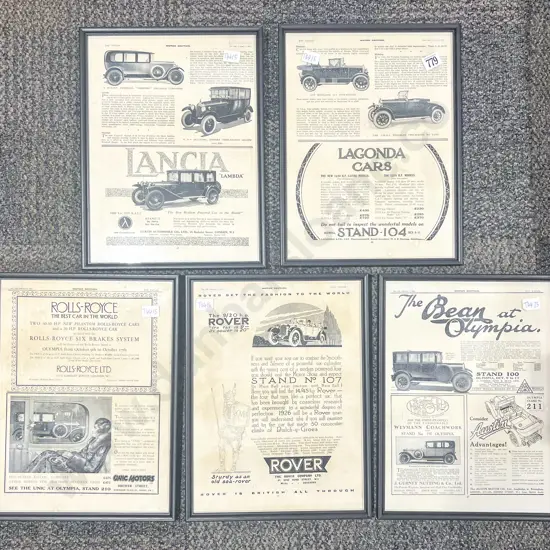 Five Assorted Vehicle Related Framed Magazine Advertisements