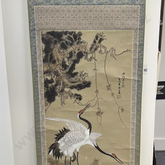 Boxed Scroll Hand Painted on Silk Depicting Cranes