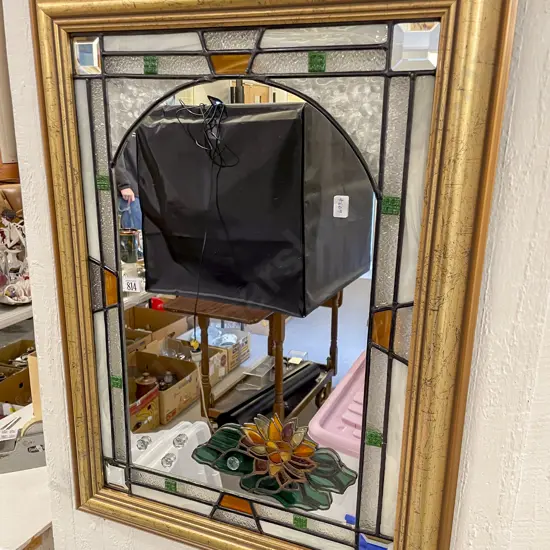 Modern Gilt Framed Wall Mirror With Stained Glass Embellishments Throughout